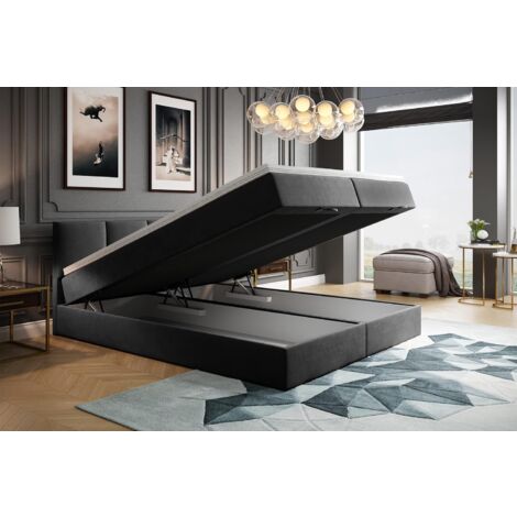 Lit adulte 180x200 cm ROYAL - rembourré avec rangement et matelas – tissu velours - gris foncé (1/5)