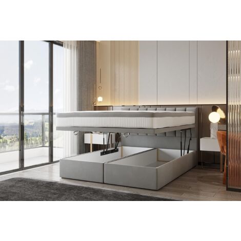 Lit adulte 200x200 cm BOND - avec rangement et matelas ressorts ensachés - tissu velours - gris