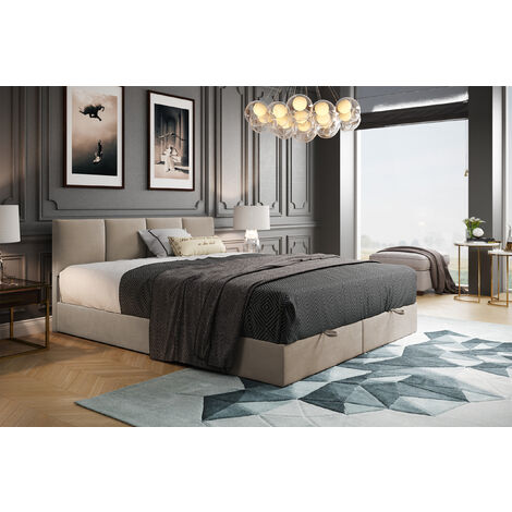 Lit adulte 200x200 cm ROYAL - rembourré avec rangement et matelas – tissu velours - beige