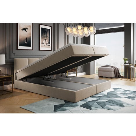 Lit adulte 200x200 cm ROYAL - rembourré avec rangement et matelas – tissu velours - beige
