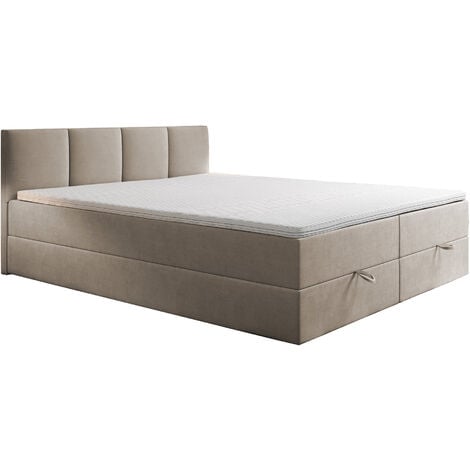 Lit adulte 200x200 cm ROYAL - rembourré avec rangement et matelas – tissu velours - beige