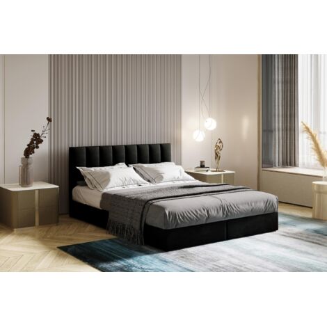 Lit adulte 180x200 cm CITY - rembourré avec rangement et matelas – tissu velours - noir (1/5)