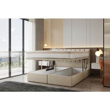 Lit adulte 200x200 cm BOND - avec rangement et matelas ressorts ensachés - tissu velours - beige