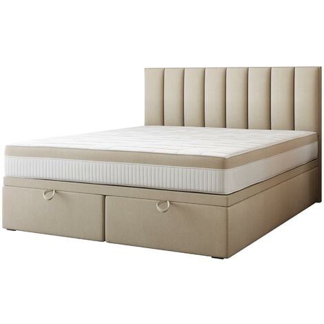 Lit adulte 200x200 cm BOND - avec rangement et matelas ressorts ensachés - tissu velours - beige