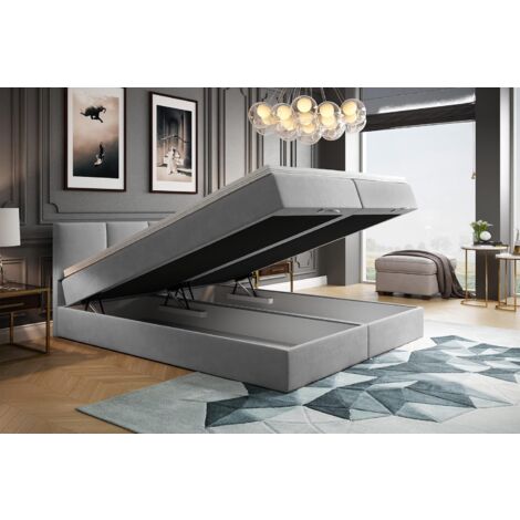 Lit adulte 140x200 cm ROYAL - rembourré avec rangement et matelas – tissu velours - gris clair