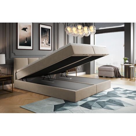 Lit adulte 140x200 cm ROYAL - rembourré avec rangement et matelas – tissu velours - beige