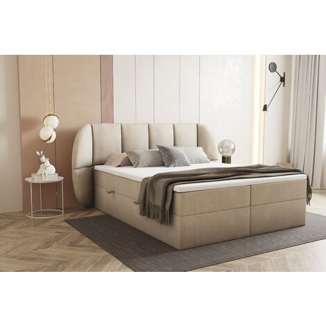 Lit adulte 200x200 cm BILBAO - rembourré avec rangement et matelas – tissu velours - beige (1/5)