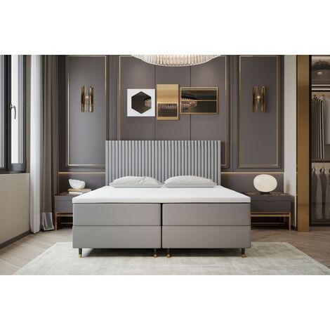 Lit adulte 200x200 cm ESTEPONA - avec matelas ressorts intégrés, rangement et surmatelas - tissu velours – gris (1/4)