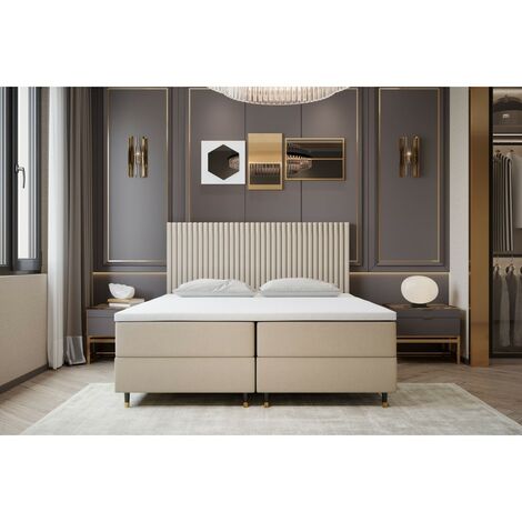 Lit adulte 180x200 cm ESTEPONA - avec matelas ressorts intégrés, rangement et surmatelas - tissu velours – beige (1/4)