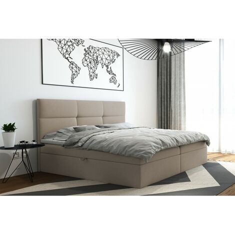 Lit adulte 140x200 cm TOP - avec matelas rangement et surmatelas - tissu velours – beige (1/4)