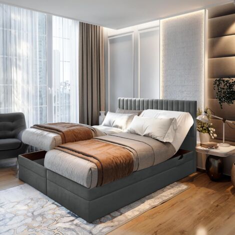 Trada – Lit adulte 160x200 cm – Matelas ressorts ensachés 9 zones – Sommier relaxation électrique – Tissu velours gris foncé (1/4)