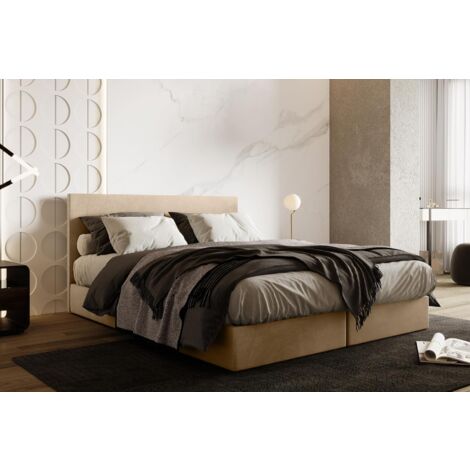 Ensemble 200x200 cm SIESTA avec rangement et matelas ressorts ensachés en velours beige (1/5)