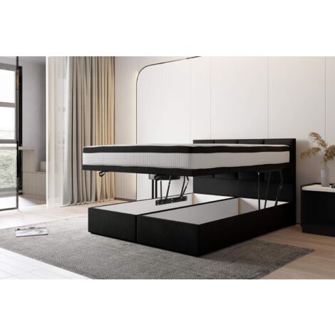 Lit adulte 180x200 cm TROPEA - avec rangement et matelas ressorts ensachés - tissu velours - noir (1/5)
