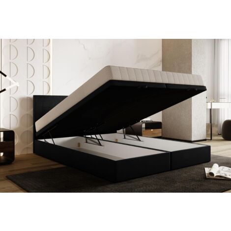 Lit adulte 200x200 cm SIESTA avec rangement et matelas ressorts ensachés en velours noir (1/5)