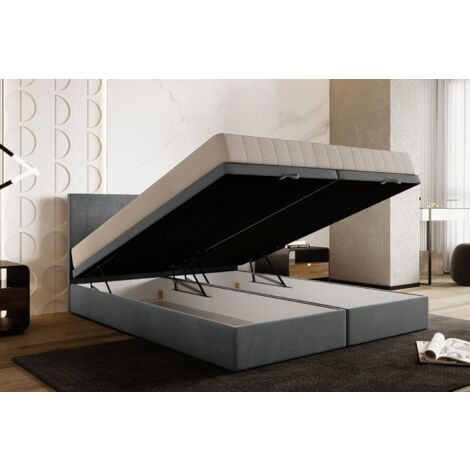 Lit adulte 160x200 cm SIESTA avec rangement et matelas ressorts ensachés en velours gris clair (1/5)