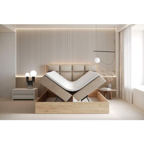 Lit adulte 160x200 cm SELVA avec rangement, matelas ressorts ensachés et surmatelas - tissu velours - beige (1/5)