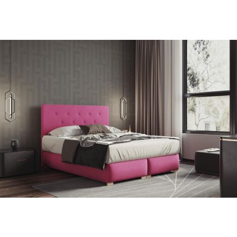 Lit adulte 140x200 cm LUPIN - avec matelas ressorts intégrés, rangement et surmatelas - tissu velours – rose (1/5)