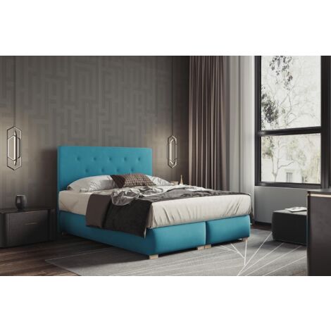 Lit adulte 140x200 cm LUPIN - avec matelas ressorts intégrés, rangement et surmatelas - tissu velours – turquois (1/5)