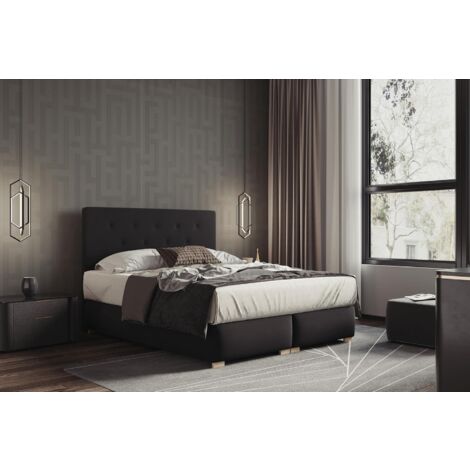Lit adulte 140x200 cm LUPIN - avec matelas ressorts intégrés, rangement et surmatelas - tissu velours – noir (1/5)