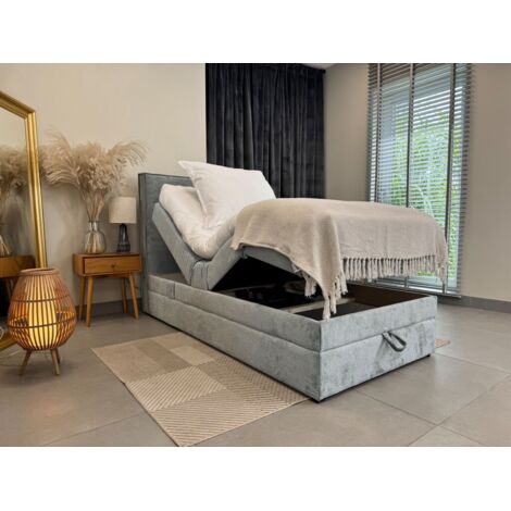Lit adulte 80x200 SORRENTO - ensemble relaxation électrique, matelas ressorts ensachés, rangement, surmatelas en tissu gris clair (1/3)