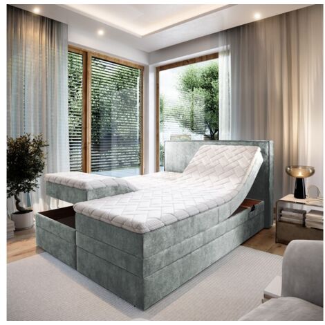 Lit adulte 180x200 POSITANO - ensemble relaxation électrique, matelas ressorts ensachés, rangement, surmatelas en tissu gris clair (1/5)