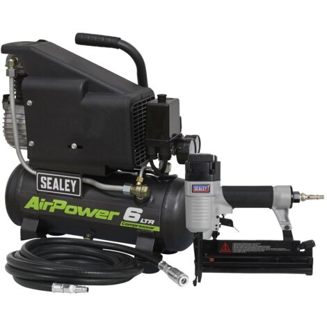 Sealey Air Nail/Staple Gun Kit including Air Compressor, Hose & Nailer/Stapler SAC0610EKIT