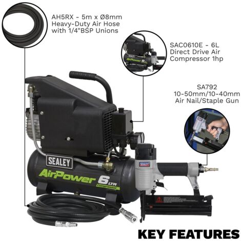 Sealey Air Nail/Staple Gun Kit including Air Compressor, Hose & Nailer/Stapler SAC0610EKIT