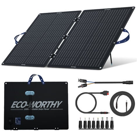 ECO-WORTHY 100W panneau solaire Portable Monocristallin Pliable avec Support Réglable, Câble Photovoltaïque (9,84 Pieds) et 4 Adaptateurs DC pour la Plupart des Power Station,Camping Extérieur