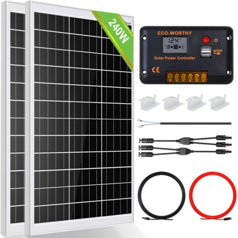 ECO-WORTHY Kit panneau solaire 12V/24V 240W avec 30A contrôleur de charge pour voiture a domicile PV hors kit de reseau pour frigo