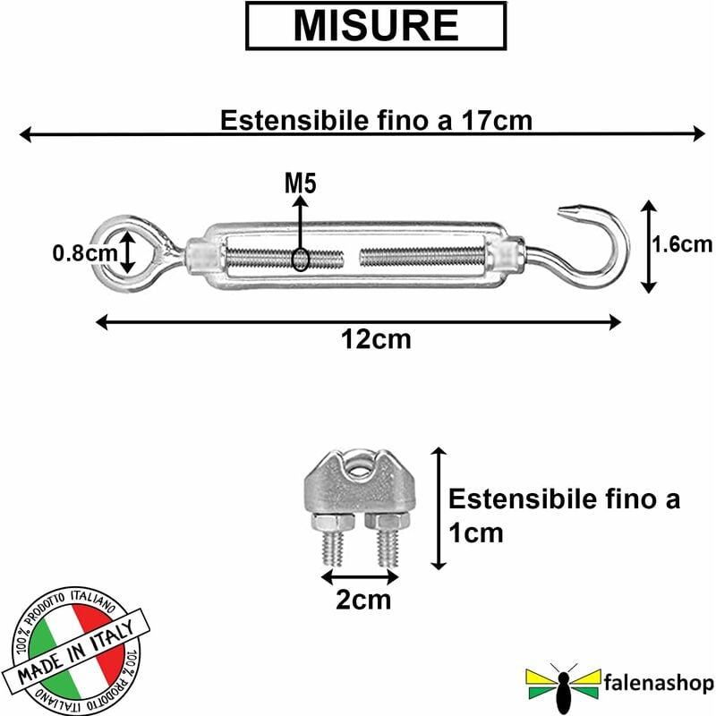 Morsetti e Tenditori per Filo per stendere il bucato da esterno kit  serracavo per filo in Acciaio KIT-12