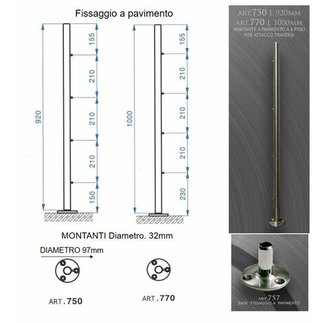 Ringhiera scala in Acciaio Inox da 5 MT - Fissaggio Pavimento Piano H 92CM