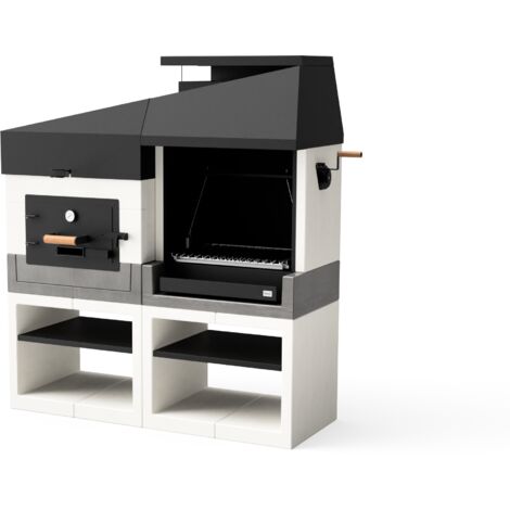 Barbecue en pierre avec four à bois – Gril argentin en acier inoxydable 304 – 168 x 63 x 192 cm – Étagère inférieure en métal noir