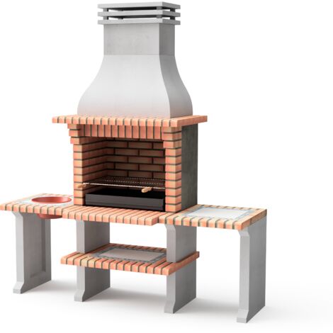 MOVELAR - Barbecue préfabriqué à bois et charbon en béton réfractaire modèle New Azores Plus XL (Gris, Orange - 210x81x250 cm) REF: 3509/5 - Cuisine extérieure avec grille zinguée et support latéral