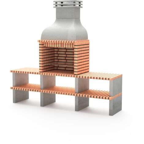 MOVELAR - Barbecue préfabriqué à bois et charbon de bois en béton réfractaire modèle Altea (Gris, Orange - 268 x 70 x 255 cm) REF: M00631 - Barbecue extérieur double support pour terrasse et jardin