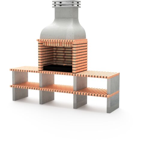 MOVELAR - Barbecue préfabriqué à bois et charbon de bois en béton réfractaire modèle Altea Plus (Gris, Orange - 268 x 70 x 255 cm) REF: M00483 - Cuisine d’extérieur double support pour terrasse jardin