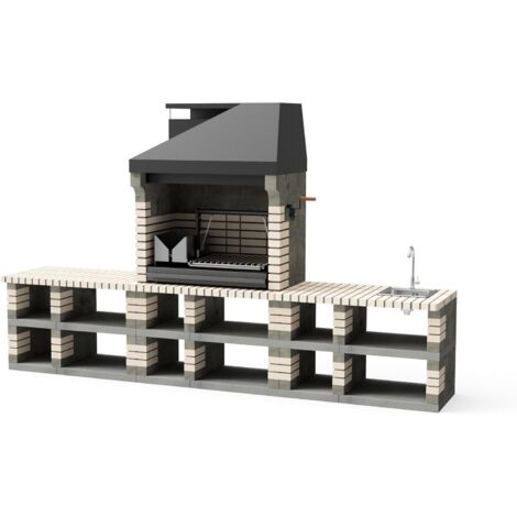 MOVELAR - Barbecue préfabriqué à bois et charbon en béton réfractaire modèle Pack 1 Pan America Beige (Beige, Gris - 360 x 70 x 220 cm) REF: M00380 - Cuisine extérieure pour jardin ou patio