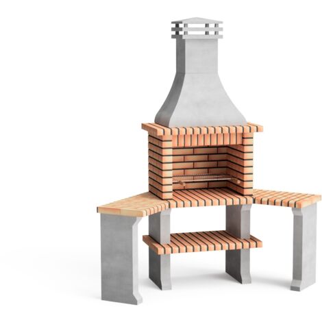 MOVELAR - Barbecue préfabriqué à bois et charbon en béton réfractaire modèle Roma 2 Tables Latérales Angle (Gris, Orange - 160 x 58 x 240 cm) REF: 3800 - Cuisine extérieure pour jardin ou patio