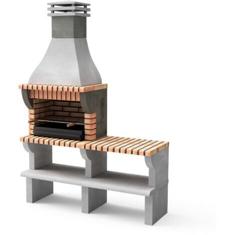 Barbecue charbon préfabriqué en béton réfractaire Maipu XL – Support latéral – 165 x 58 x 245 cm – Gris et orange – Double grille – Movelar