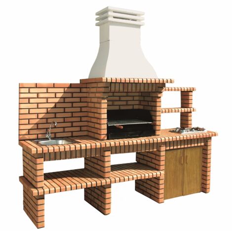 Barbecue préfabriqué en béton réfractaire pour bois et charbon – Cuisine d’extérieur avec évier et plaque Teka – 277 x 70 x 262 cm – Movelar