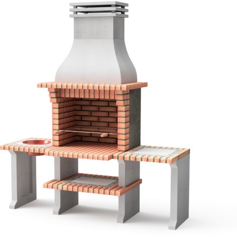 MOVELAR - Barbecue préfabriqué à bois et charbon en béton réfractaire modèle New Azores Plus XL (Gris/Orange - 210x81x250 cm) REF: 3509/4 - Cuisine extérieure avec grille zinguée et supports latéraux