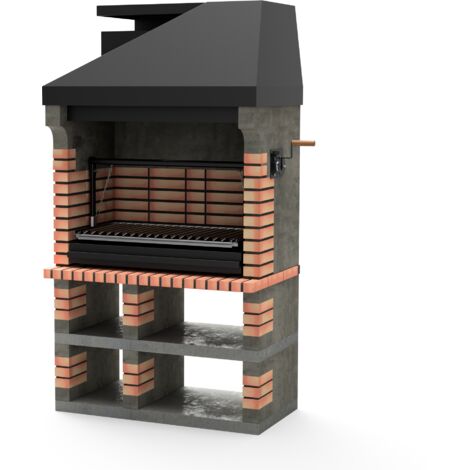 Barbecue fixe en brique bois et charbon de bois modèle Pan America Plus XL (Gris, Beige - 120 x 70 x 220 cm) – Grille métallique avec plaques réfractaires – Cheminée en acier émaillé – Tuozi