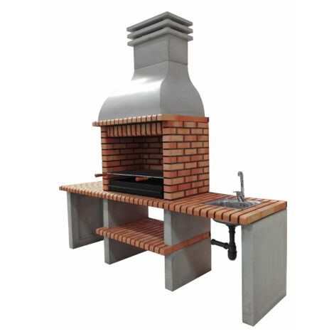 Barbecue fixe en béton réfractaire 268 x 70 x 255 cm – Charbon de bois – Avec évier inox – Pour cuisine extérieure jusqu'à 13 personnes – Movelar - M00043