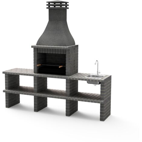 Module barbecue de chantier KHIVA PLUS M01028 – 2 supports latéraux – Évier inox avec robinet – Grille 69,5 x 35 cm – Dimensions 239 x 58 x 246 cm