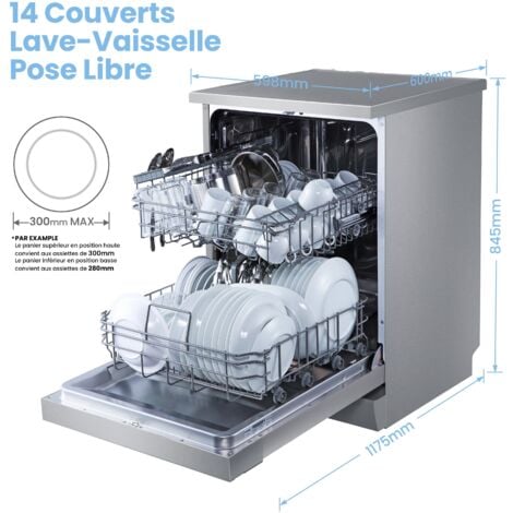 Comfee Lave-vaisselle pose libre FD1435E-X L60cm 44db avec 14 couverts, 8 programmes, Affichage LED Acier Inox-Énergétique D