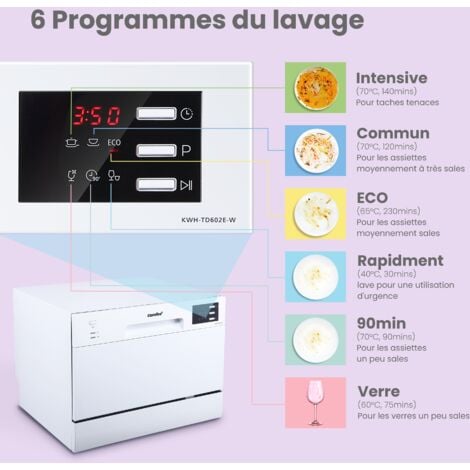 Comfee Lave-vaisselle pose libre TD602E-W L55cm 47db avec 6 couverts, 6 programmes, Commande tactile Affichage LED Blanc