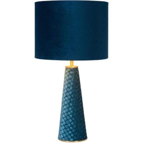 Lampe de table turquoise 25 cm – Abat-jour cylindrique en velours – Culot E27 – Hauteur 47 cm – Installation facile avec interrupteur intégré – Lucide - 1xE27