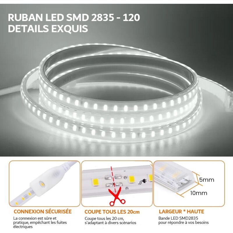YOODI 10M Ruban LED, 220V Blanc Chaud Bandeau LED Lumineuse Flexible 120 LED /M, PVC Découpable Etanche IP65 Néons Bande Pour Intérieur Extérieur Décoration, Inclus Adaptateur Secteur