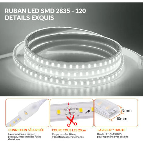 RUBAN LED CHANTIER IP67 230V 15W/M 50M Bandeau Leds sécable 2835 silicone  Étanche Blanc Froid