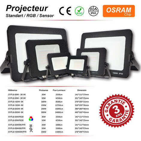 Projecteur LED avec détecteur de mouvement IP65 30W/50W/100W 3K/6K -  Digilamp - Luminaires & Eclairage