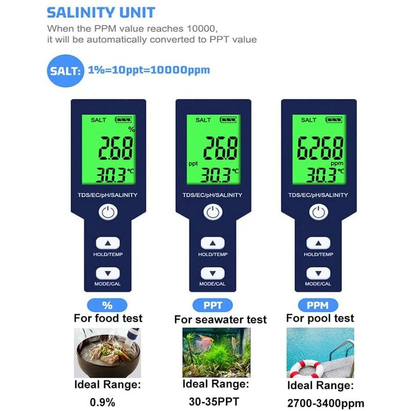 Testeur De Sel De Piscine, Testeur De Sel D'Eau De Mer Numérique 5 En 1, Kit De Test étanche Ip67 3